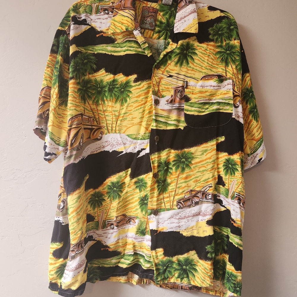 Pineapple Connection Yellow Black Hawaiian Shirt Size XL Classic Trucks Beach‎